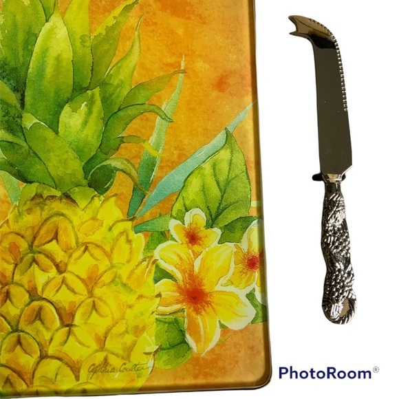 Pineapple Tropical Glass Cheese Board and Cheese Knife Set NEW CounterArt - Picture 3 of 7